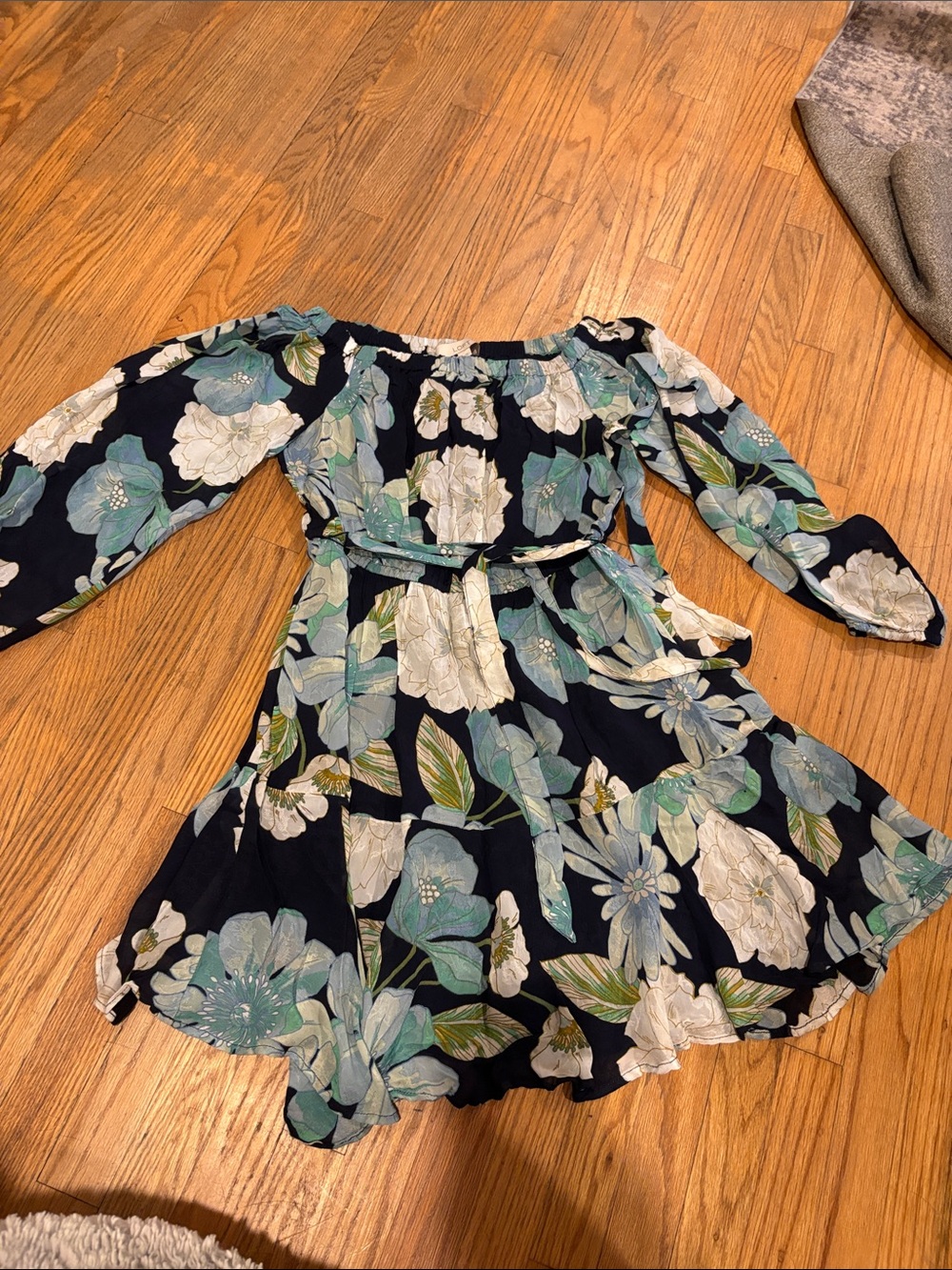 Navy Floral Off-Shoulder Kids Dress with‎ Belt